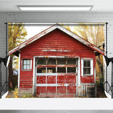 Aperturee Aperturee Rustic Red Barn Garage Photography Backdrop Old Farm Building in an Autumn Forest Countryside Photo Prop Scene